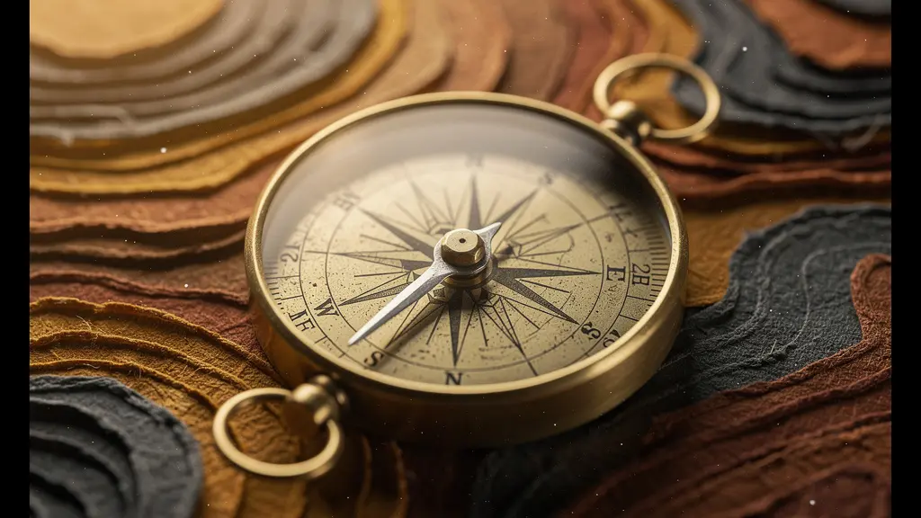 Extreme close-up of a brass compass needle resting on an abstract topographic surface, symbolizing regulatory risk navigation