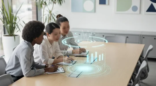 Modern marketing professionals analyzing data privacy dashboards in minimalist office environment