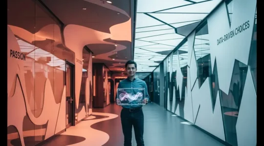 Young professional at career crossroads choosing between passion and market data paths