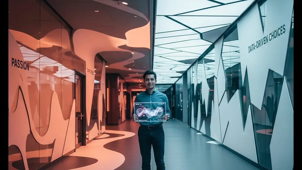 Young professional at career crossroads choosing between passion and market data paths