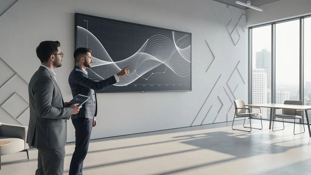 A data scientist and a business stakeholder having an informal discussion in front of a large screen displaying abstract data visualizations, representing a rapid feedback cycle.