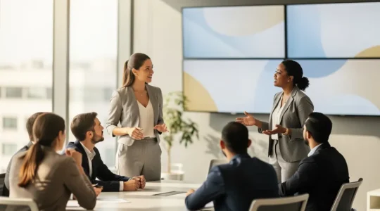 Contemporary managers demonstrating emotional intelligence and collaborative leadership in modern workplace