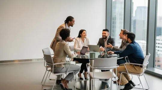 Diverse professionals collaborating in a modern office environment