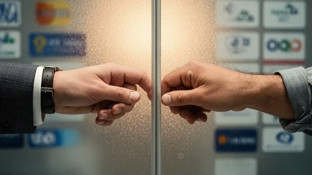 Extreme close-up of two hands reaching toward each other across a textured glass surface, one hand with formal cuff and one with rolled-up sleeves, symbolizing the bridge between non-technical leadership and technical teams.