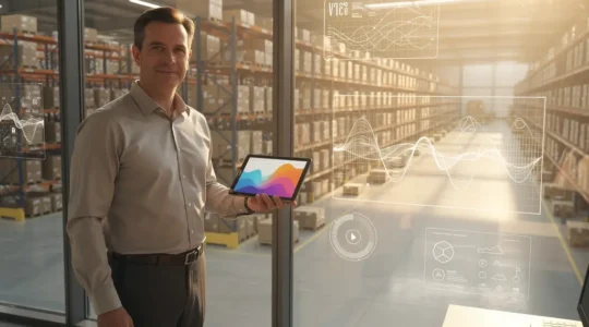 Retail warehouse manager analyzing real-time predictive inventory data on multiple screens showing stock levels and demand forecasting
