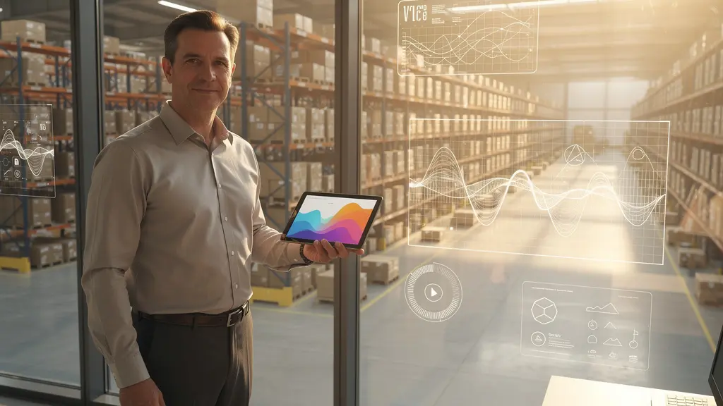 Retail warehouse manager analyzing real-time predictive inventory data on multiple screens showing stock levels and demand forecasting