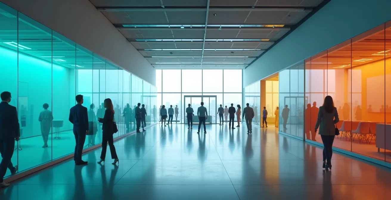 Wide shot of interconnected but separated digital ecosystems