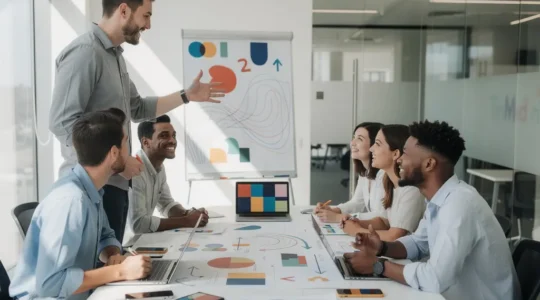 Student teams collaborating on real consulting projects with professional mentors in modern workspace