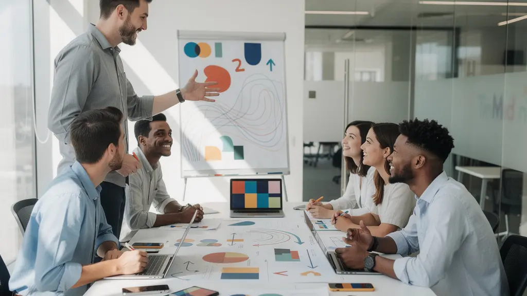 Student teams collaborating on real consulting projects with professional mentors in modern workspace