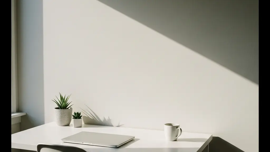A wide minimalist shot of an empty modern home office desk with a single closed laptop and a small plant, bathed in cool blue morning light, evoking the isolation of remote work communication.