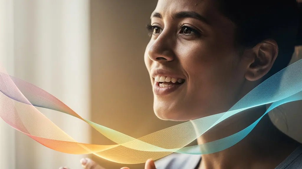 A person speaking confidently, with abstract colorful patterns flowing naturally around them representing smooth and confident speech.