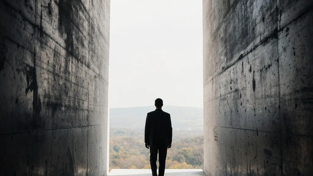 A lone figure walking through a narrow, dark corridor with a bright opening at the far end, symbolizing the cognitive entrenchment and limited vision of deep specialization.