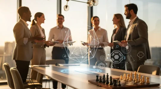 Business professionals analyzing strategic frameworks on digital interfaces in a modern corporate environment