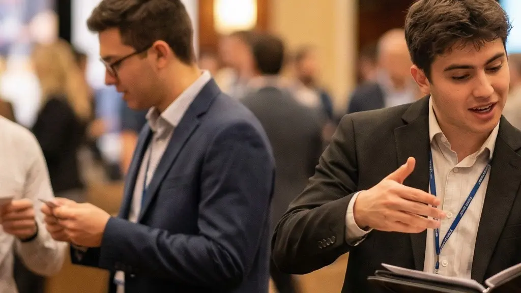 Students at a professional conference networking event in a modern venue