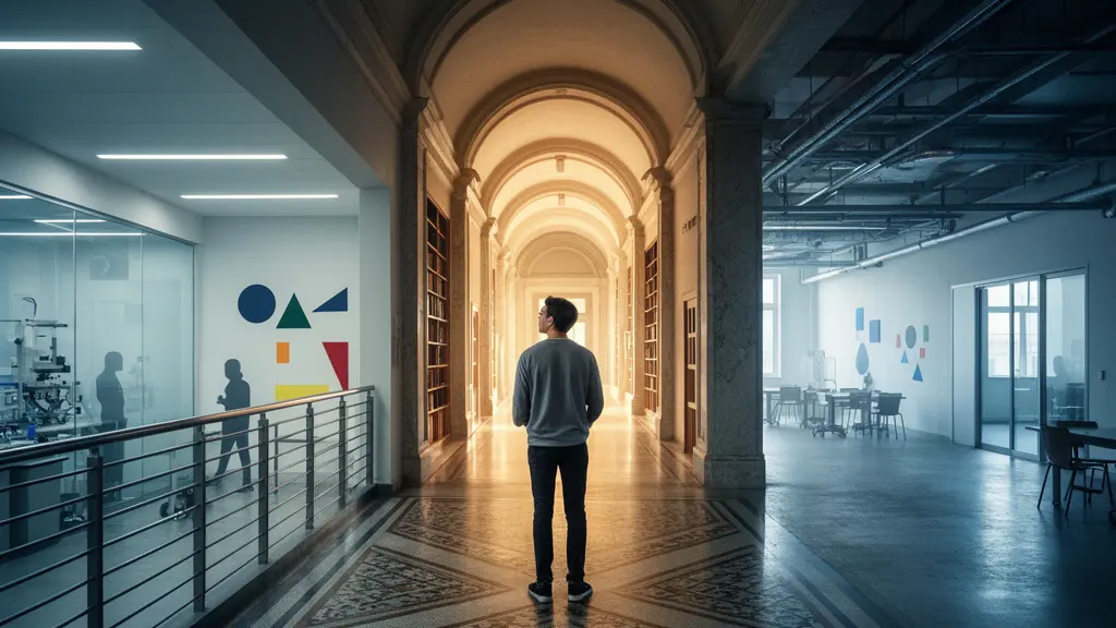 Student at crossroads contemplating different academic pathways