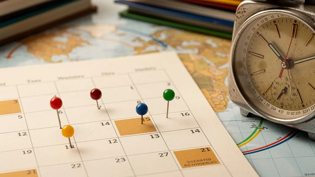 Calendar with arrival date marked, surrounded by travel planning materials and a clock showing different time zones