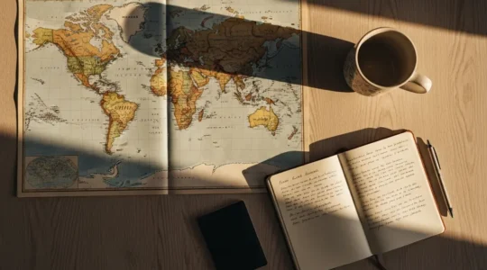 A student's workspace with a travel map, a notebook for budgeting, and a cup of coffee, bathed in natural light.