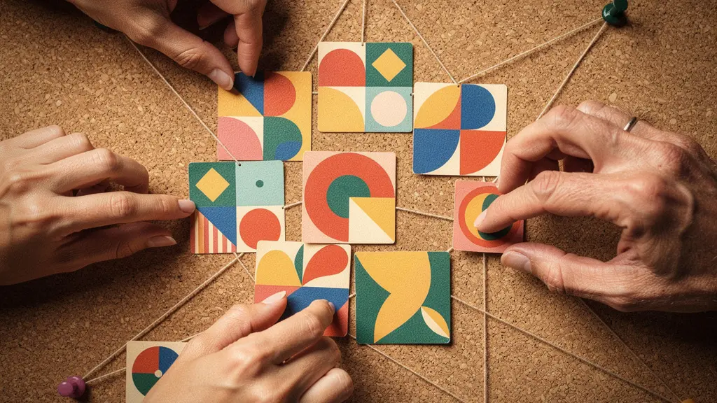 Close-up of hands organizing project timeline cards on a planning board