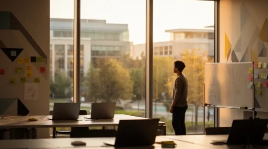 Student entrepreneur working on startup validation at university campus