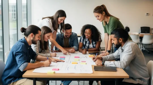 Student entrepreneurs collaborating on rapid prototyping in modern university workspace