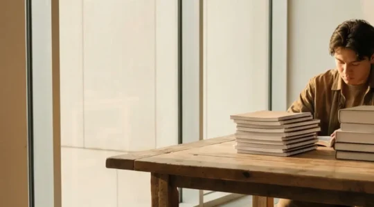 A university student studying in a modern library with a calm expression, surrounded by two distinct stacks of books representing different disciplines, bathed in warm natural light.