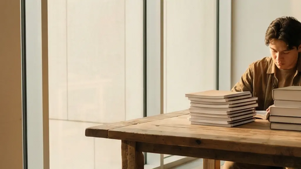 A university student studying in a modern library with a calm expression, surrounded by two distinct stacks of books representing different disciplines, bathed in warm natural light.