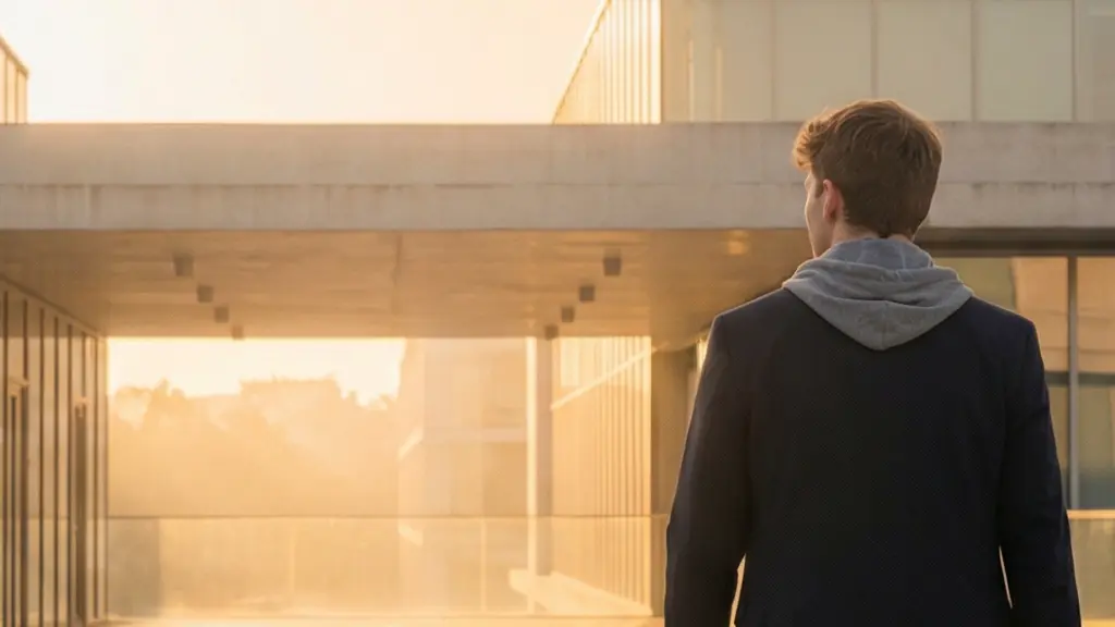 A university student dressed in smart-casual attire walking purposefully through a modern business district during golden hour, carrying a leather bag.