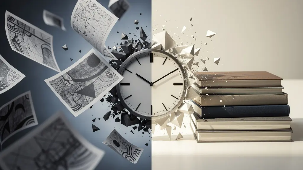 Visual representation of time blocking for student entrepreneurs, showing a split between chaotic papers and an organized desk.