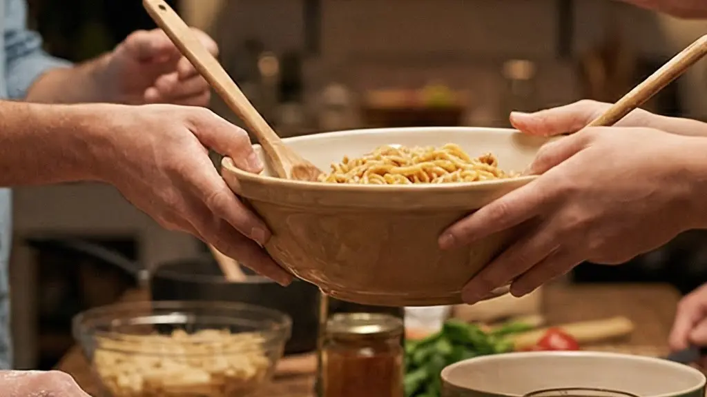 Close-up of diverse hands preparing a meal together on a wooden table, chopping vegetables and sharing food.