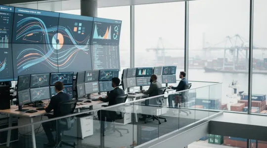Modern supply chain control center with digital displays showing global logistics networks