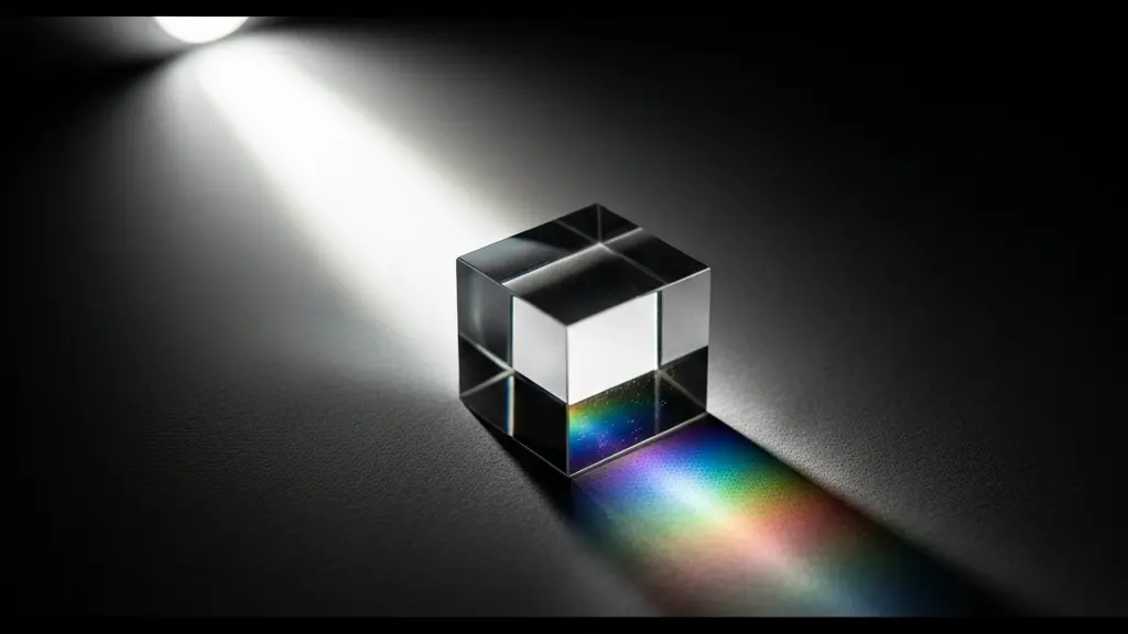 A glass prism sitting on a dark surface, splitting a single beam of white light into focused spectral colors, symbolizing the separation of tasks.