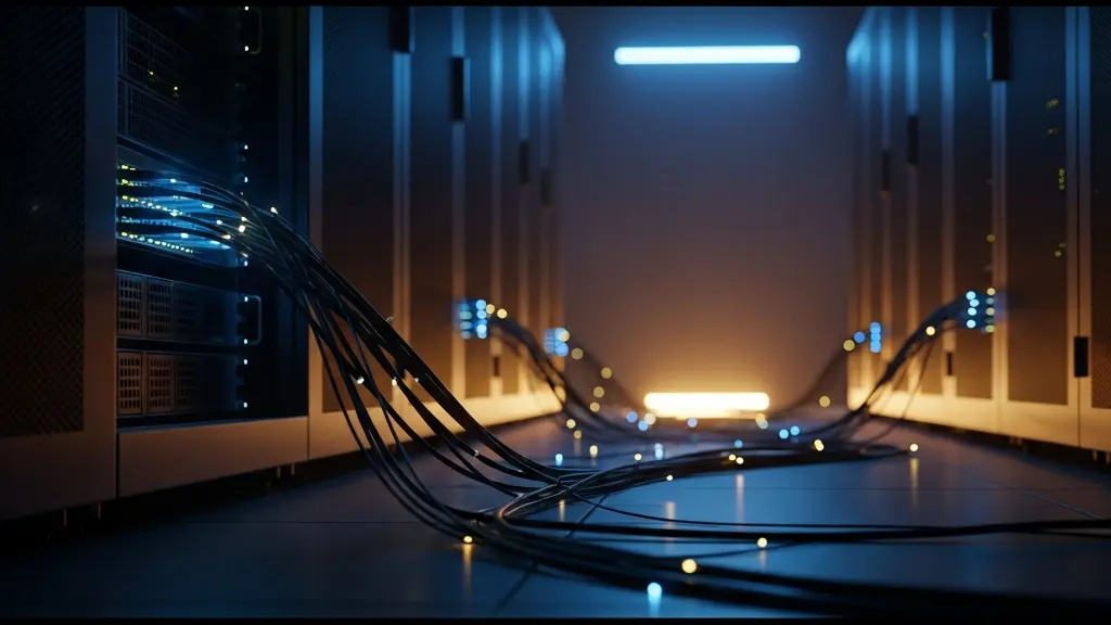 Close-up of tangled fiber optic cables emitting faint light against a dark background, representing hidden data flows and oversight blind spots