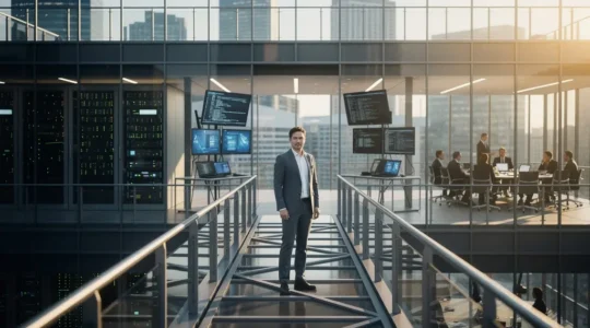 Professional standing at the intersection of technology and business leadership