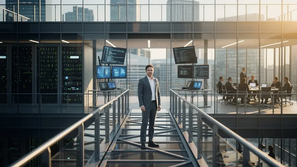 Professional standing at the intersection of technology and business leadership