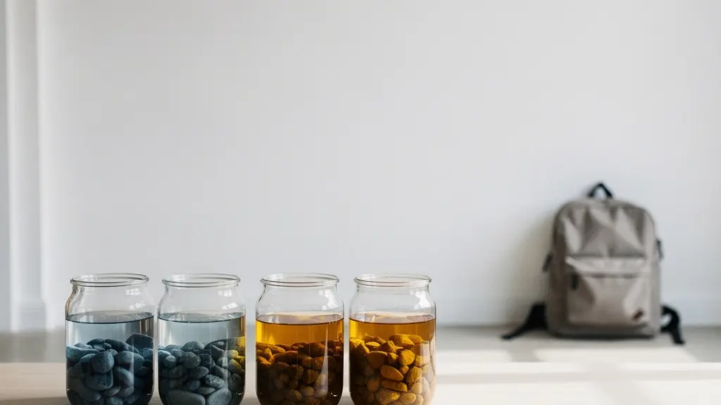Five unlabeled glass jars grouped as three and two on a clean shelf in a minimalist room, symbolizing a batched weekly schedule.