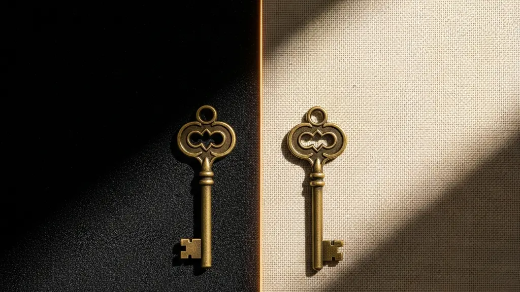 Two antique brass keys placed on contrasting dark and light fabric surfaces, symbolizing divergent legal frameworks on facilitation payments