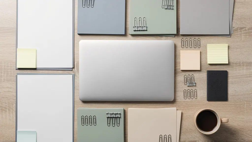 Overhead view of organized visa documents spread on a wooden desk with color-coded folders and a filing system