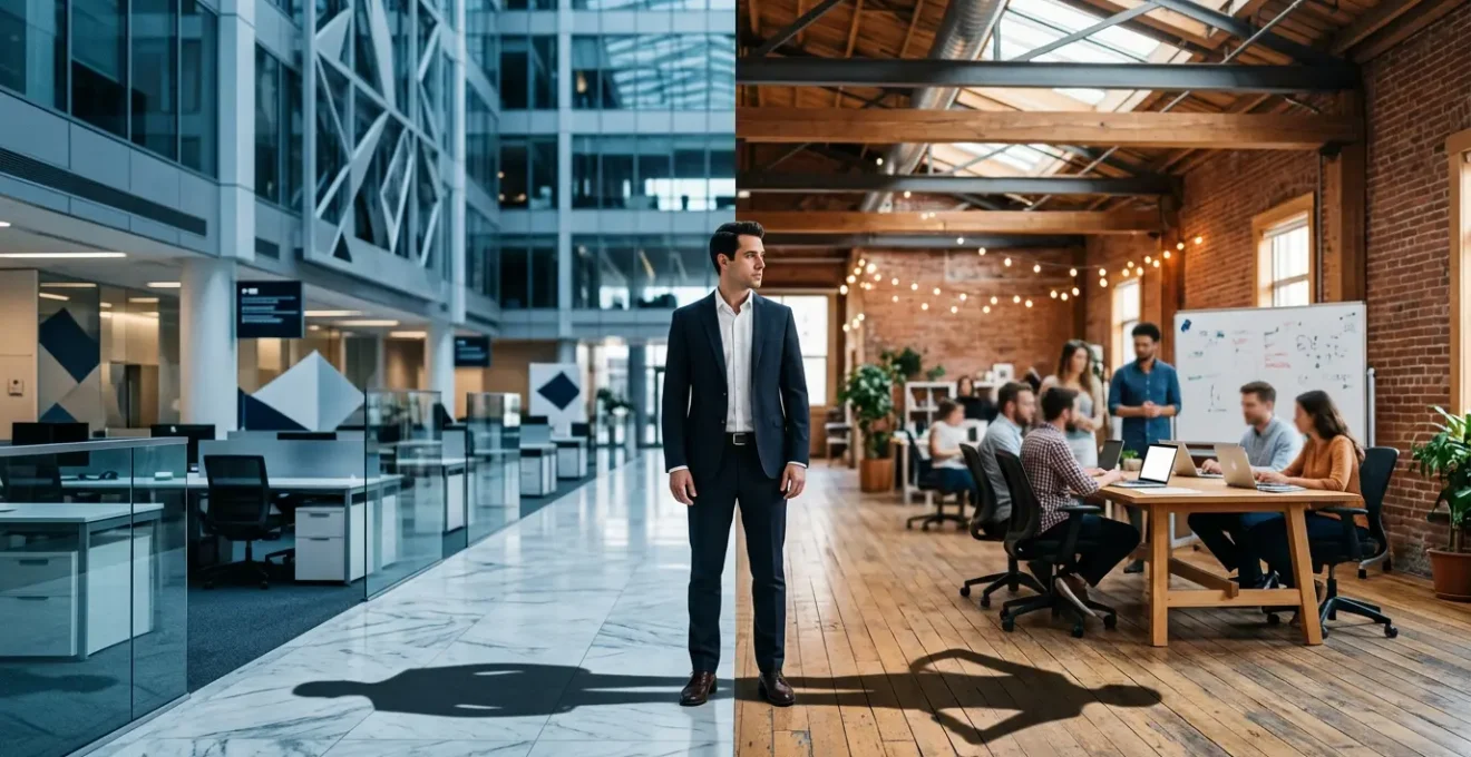 Professional at crossroads between modern corporate tower and creative startup workspace