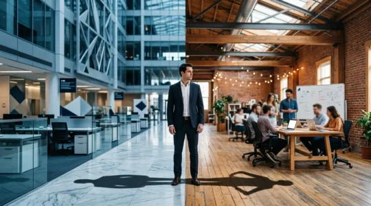 Professional at crossroads between modern corporate tower and creative startup workspace