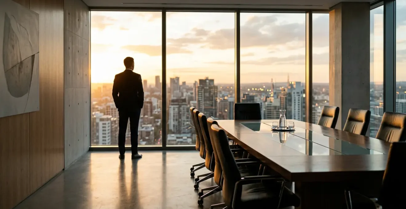Professional interview preparation scene in executive boardroom