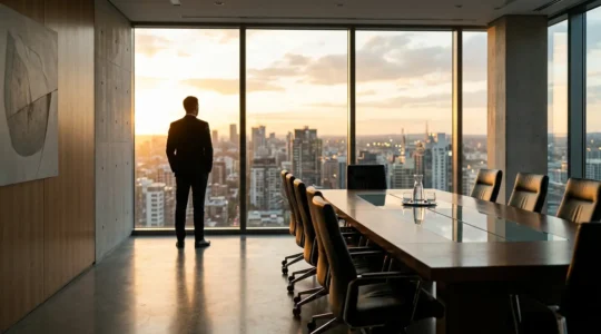 Professional interview preparation scene in executive boardroom