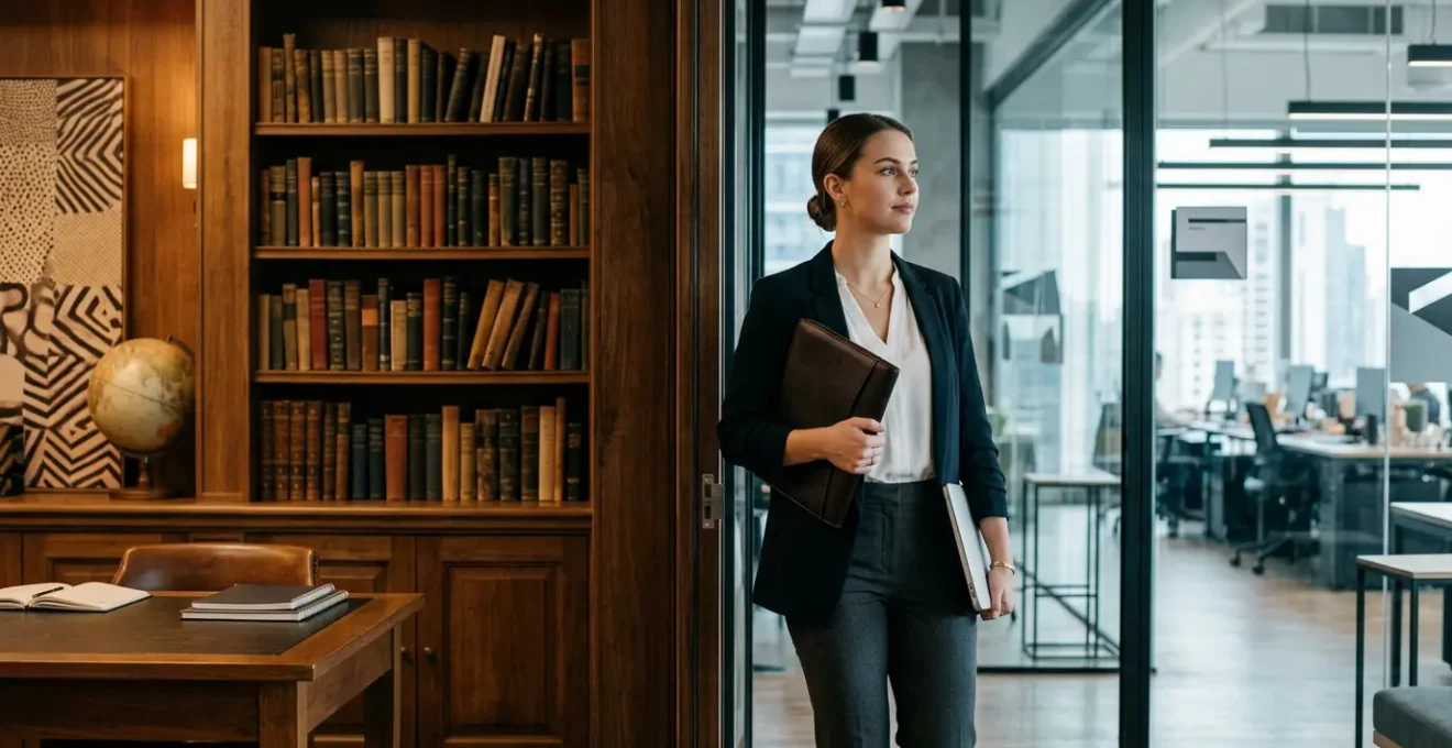 Recent graduate transitioning from academic to professional environment, standing at intersection of university and corporate worlds