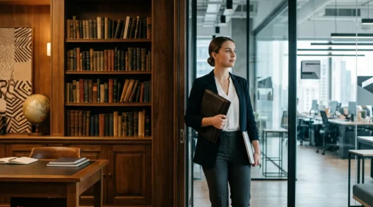 Recent graduate transitioning from academic to professional environment, standing at intersection of university and corporate worlds