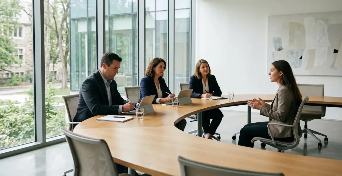 Three career counselors conducting panel mock interview with student in conference room