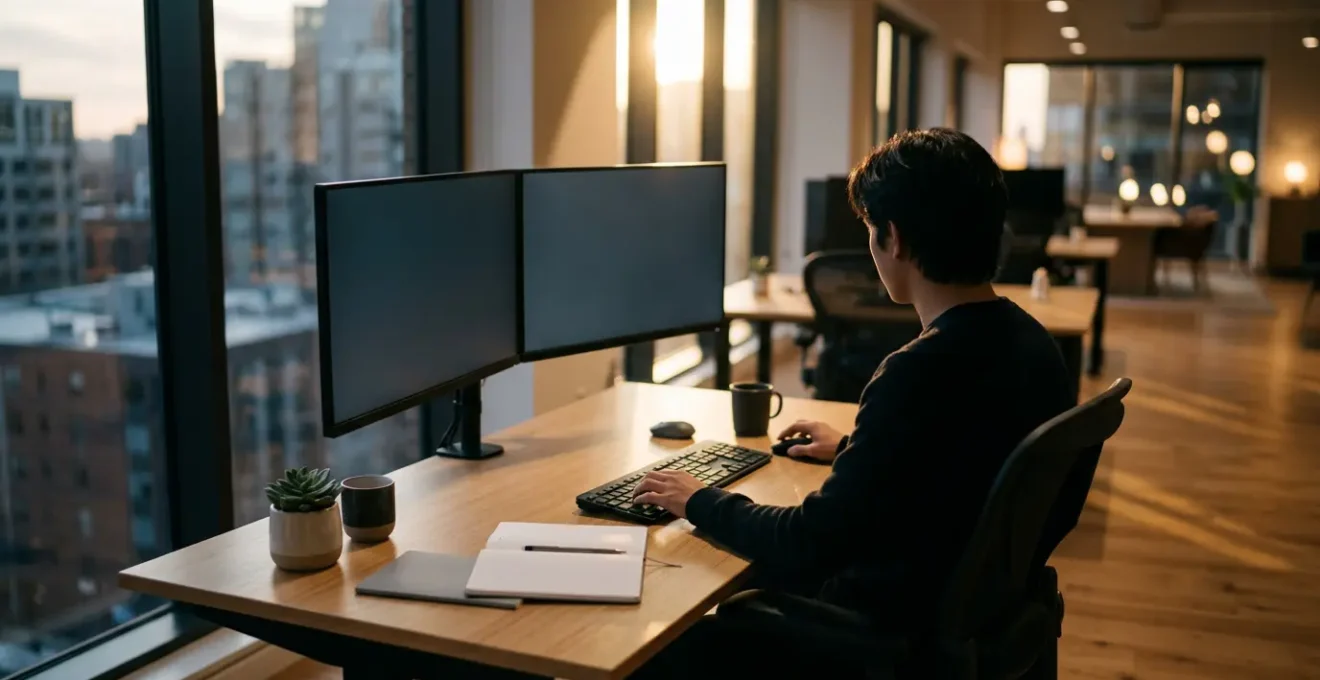 Young professional organizing digital workspace with multiple monitors showing productivity tools in modern office environment