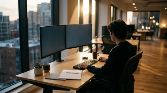 Young professional organizing digital workspace with multiple monitors showing productivity tools in modern office environment
