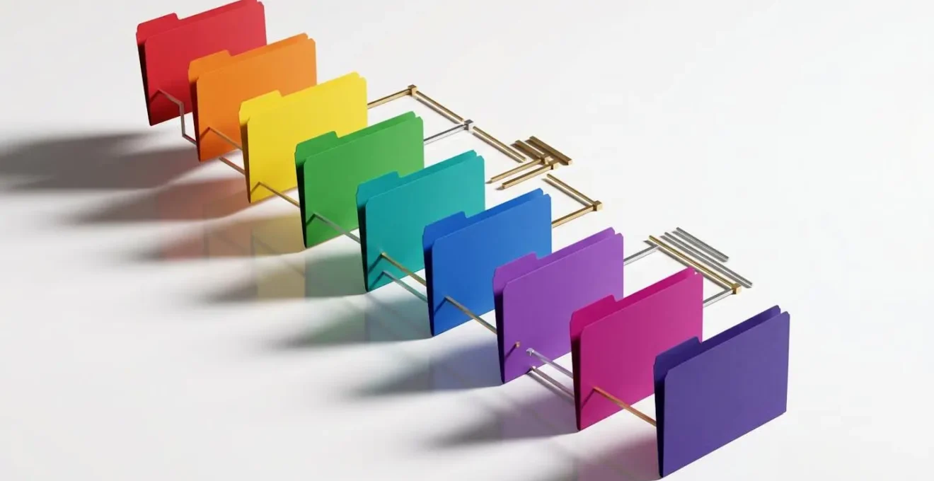 Abstract visualization of organized digital folder structure with color-coded categories