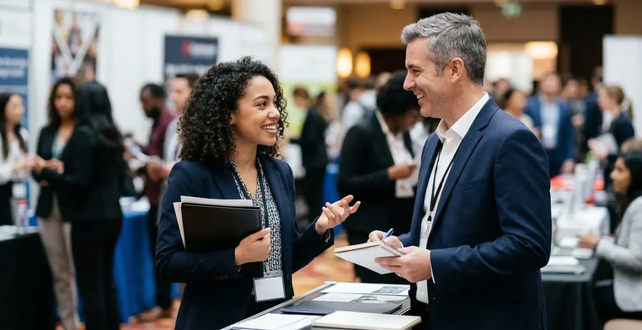 Professional student engaging with recruiter at busy career fair booth
