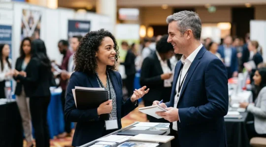 Professional student engaging with recruiter at busy career fair booth