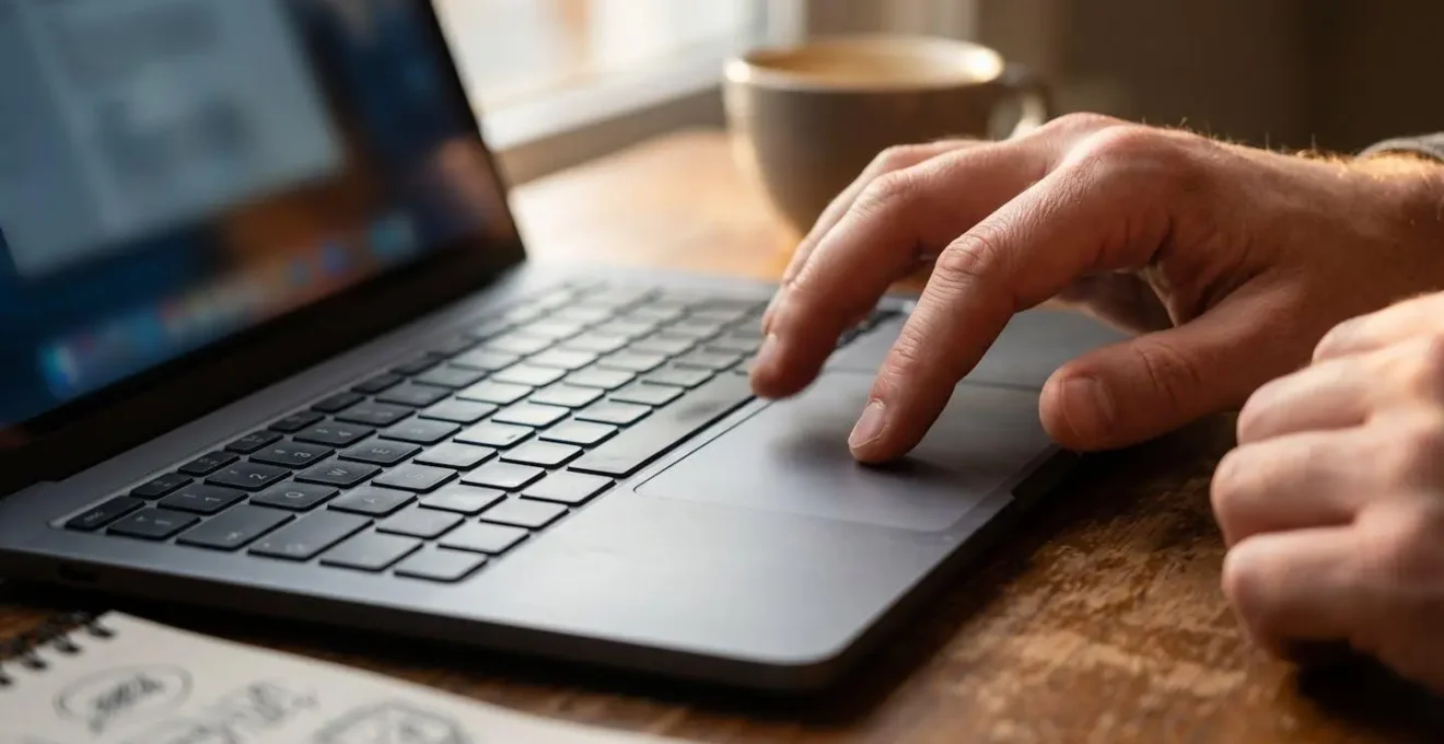 Close-up of hands navigating job search filters on laptop with coffee and notebook nearby